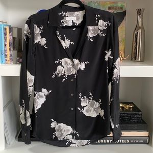 Equipment Black Floral Button-Up Blouse with White Roses